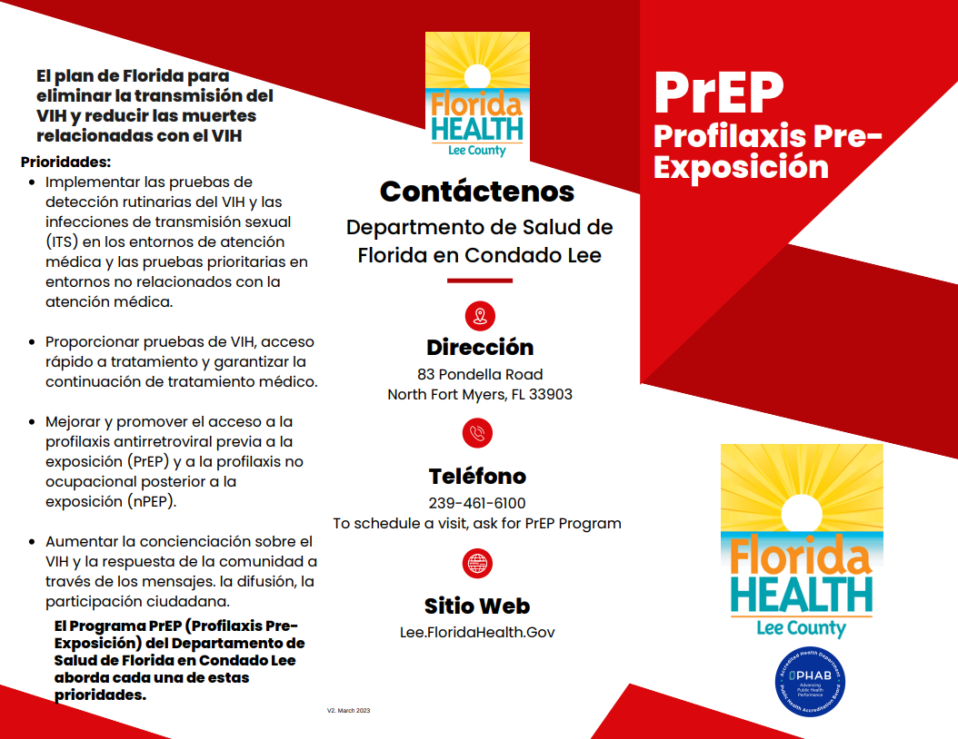 Prep Pre-Exposure Prophylaxis text with Florida Health Lee County logo and some information about phone, address, website ESP