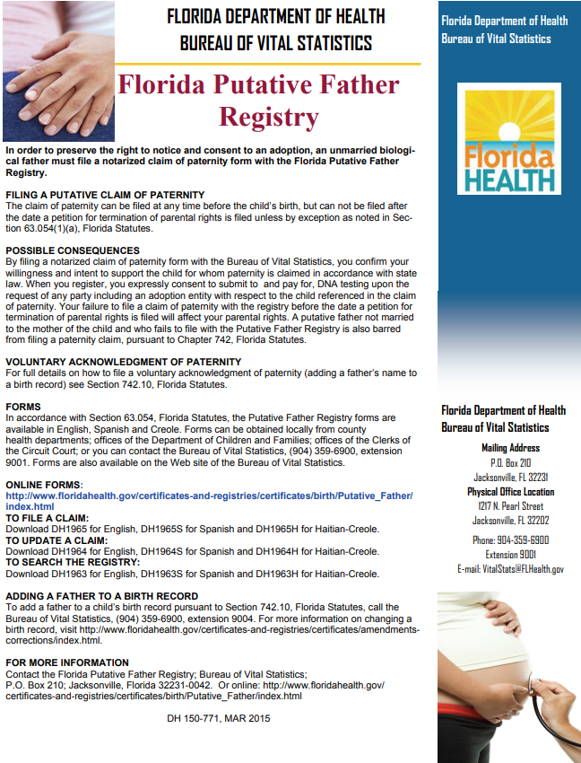 Florida Putative Father Registry with a description, two hands in the top left corner, Florida Health logo at top right corner