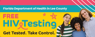 Informative text about free HIV testing, featuring three smiling people