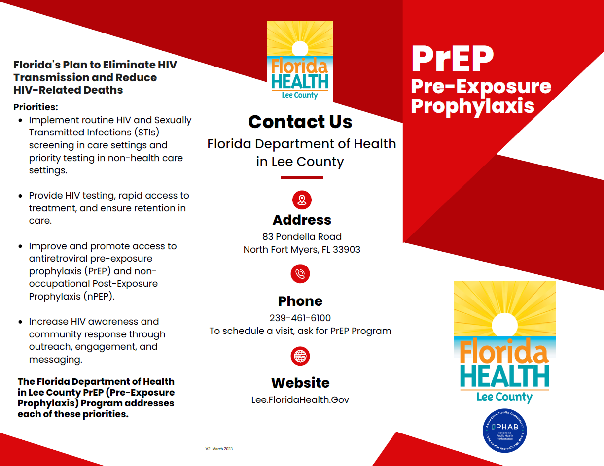 Prep Pre-Exposure Prophylaxis text with Florida Health Lee County logo and some information about phone, address, website